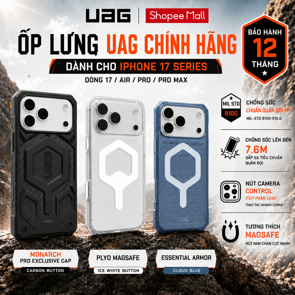 [iPhone 17/Pro/Air/ProMax] Ốp lưng UAG Chính Hãng, Chống Sốc Chuẩn Quân Đội Bảo hành 1 Năm