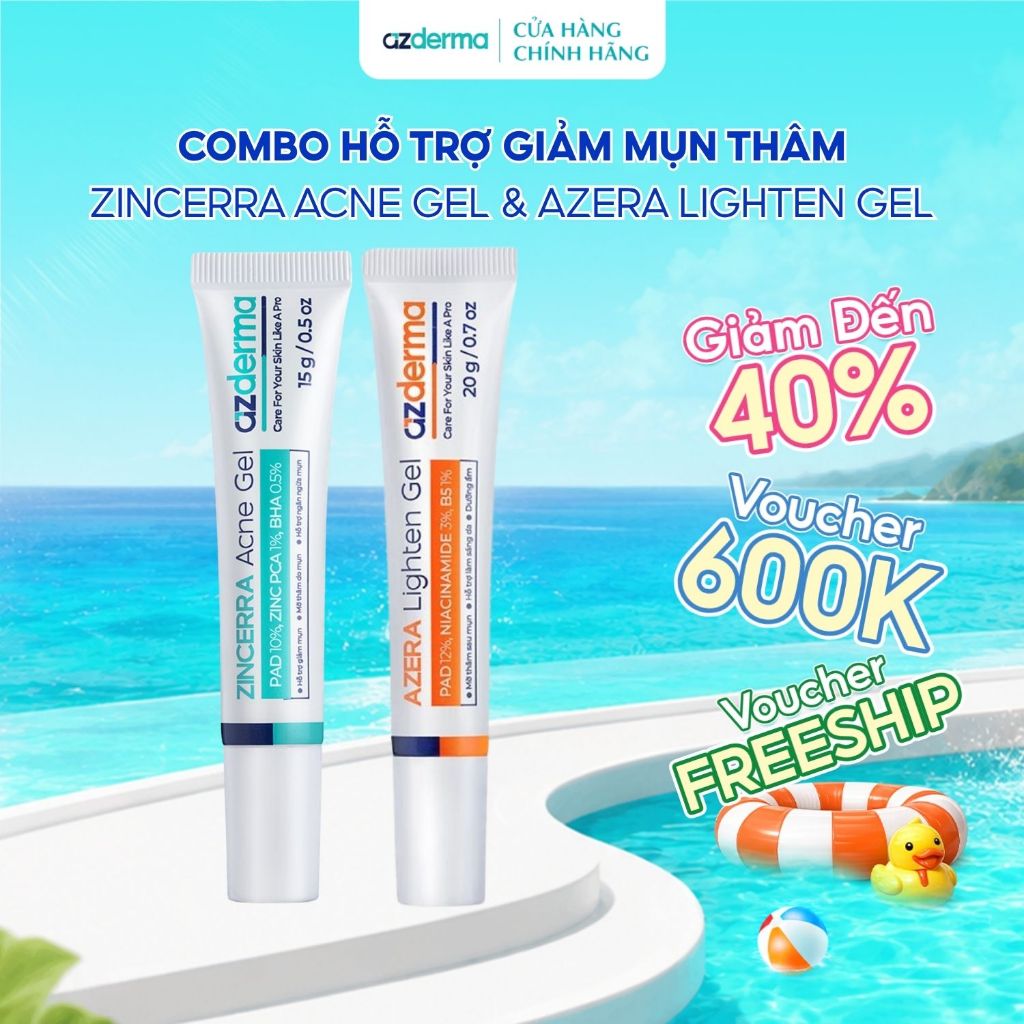 Combo Hỗ Trợ Giảm Mụn Thâm Azderma Zincerra Acne Gel 15g & Azera Lighten Gel 20g