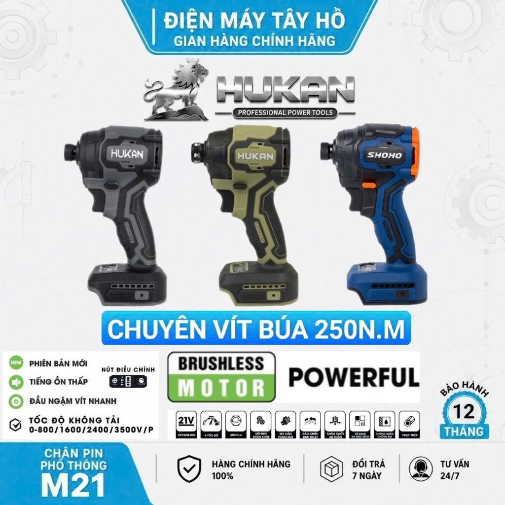 Chuyên vít búa 250N.m Hukan CV250, bản cao cấp, 4 tính  năng, tắt mở đèn, chân pin phổ thông