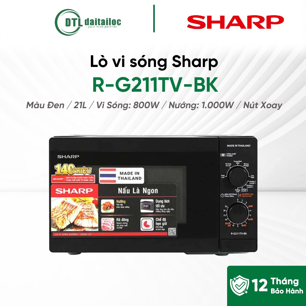 Lò vi sóng Sharp R-G211TV-BK Màu Đen 21L Vi Sóng: 800W Nướng: 1000W Nút Xoay Chính hãng | Bảo hành 1
