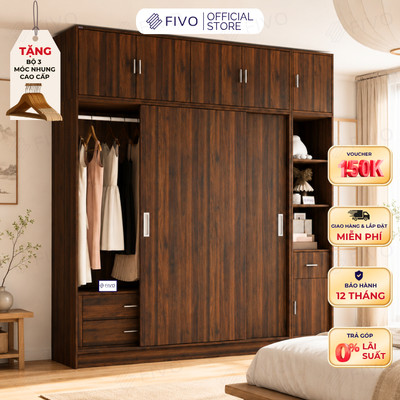 Tủ Quần Áo Gỗ Cửa Lùa Cao Cấp FC34 FIVO, Gỗ Dày 17mm Độ Sâu 60cm, Kèm Hệ Kệ Trang Trí, Freeship+Free lắp đặt, Trả Góp 0%