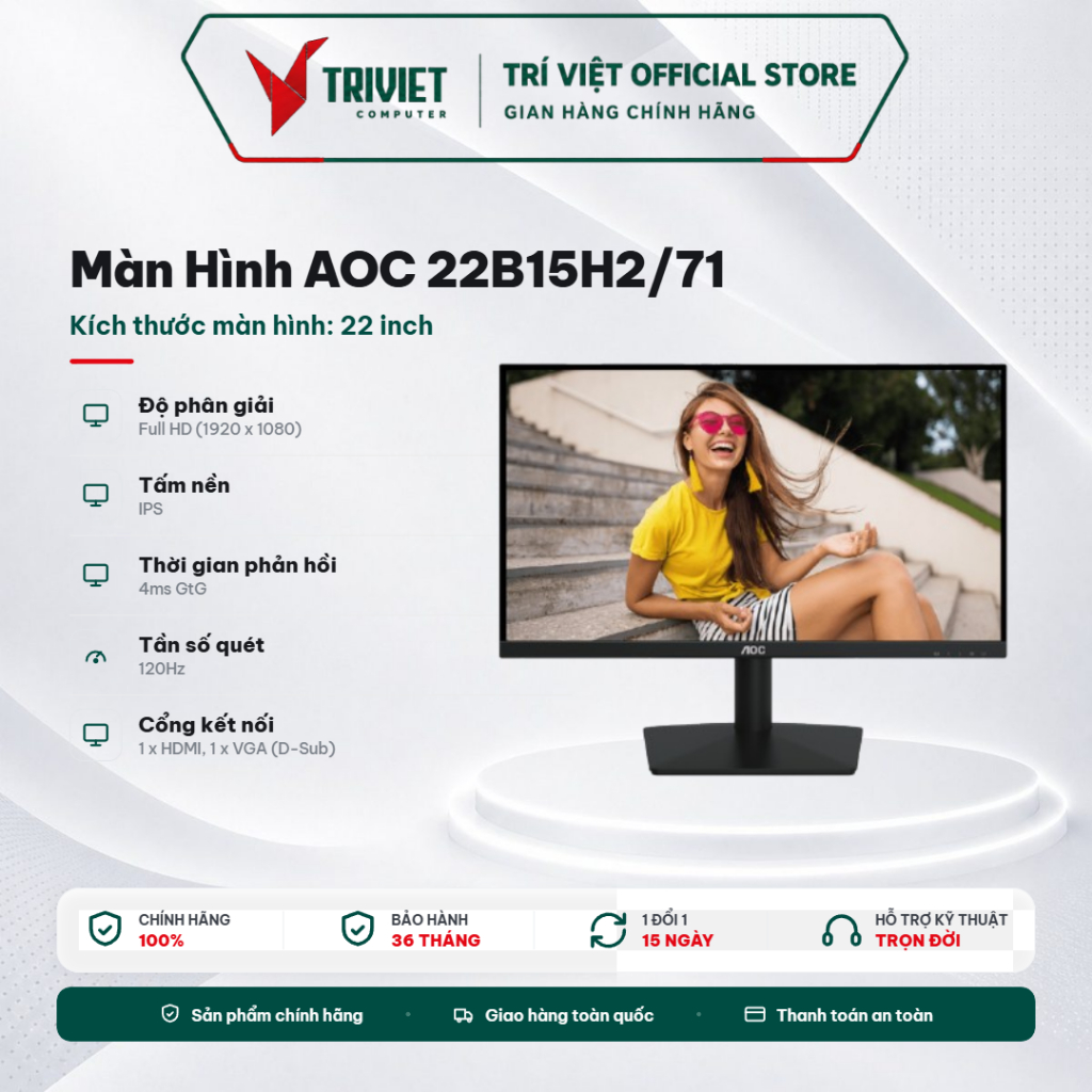 Màn Hình AOC 22B15H2/71 22 Inch IPS FHD 120Hz OC 4ms HDMI VGA Monitor Thiết Kế Mỏng