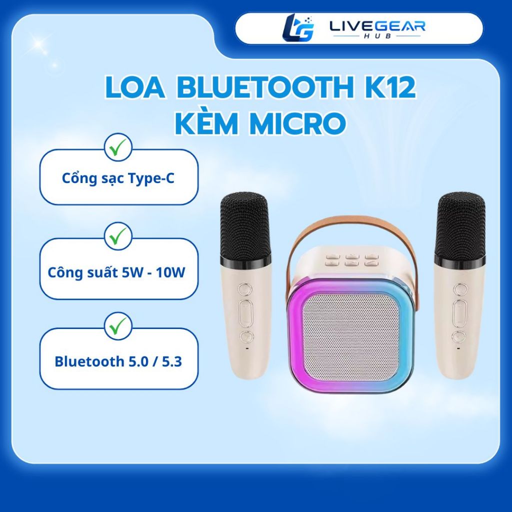 Loa Bluetooth K12 kèm 2 micro LIVEGEAR Loa karaoke Bluetooth mini K12 (kèm micro), thiết kế gọn nhẹ