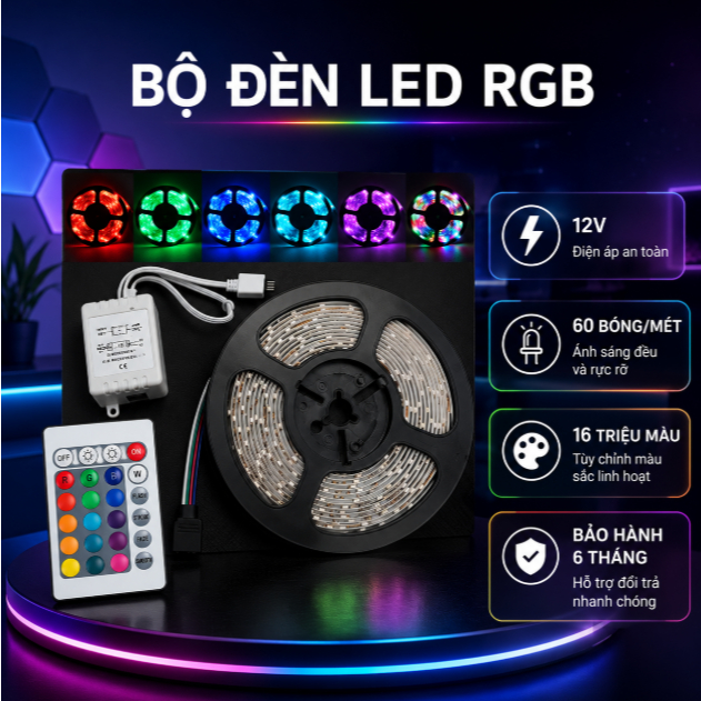 Bộ đèn led dây dán RGB đổi nhiều màu bọc silicon chống nước đầy đủ nguồn và bộ điều khiển Bộ đèn led