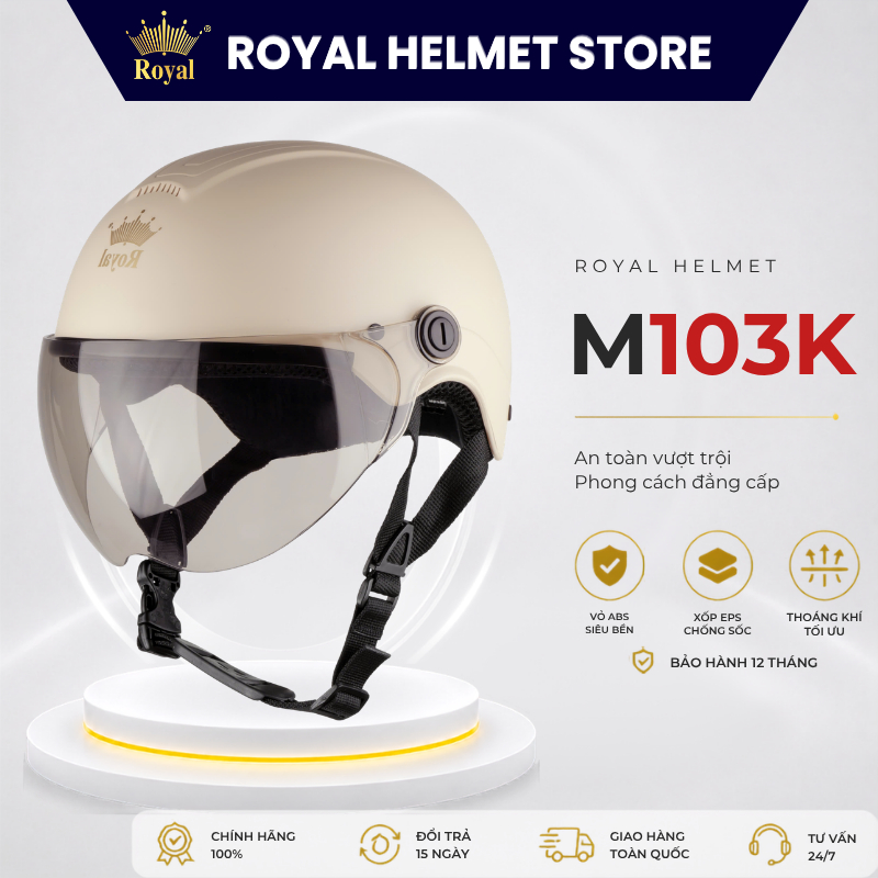 Mũ Bảo Hiểm Royal Nửa Đầu Chính Hãng M103K Có Kính Cho Nam Nữ, Mũ Bảo Hiểm 1/2 Royal Nam Nữ