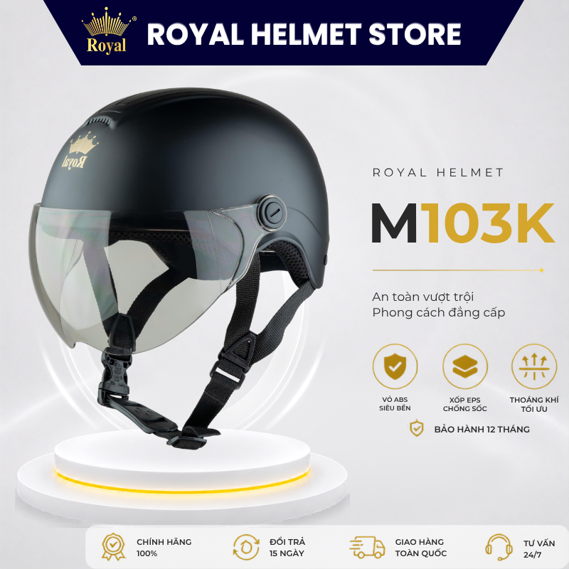 Mũ Bảo Hiểm Nửa Đầu Chính Hãng Royal M103K Có Kính Hợp Nam Nữ, Nón Bảo Hiểm Royal Gọn Nhẹ Bảo Hành 1