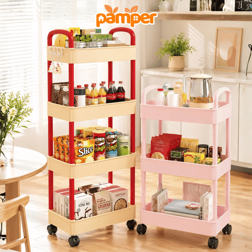 Kệ Đựng Đồ Đa Năng 3-4 Tầng Có Bánh Xe PAMPER, Kệ Đựng Bỉm Sữa, Đồ Ăn Vặt Gọn Gàng Nhiều Màu