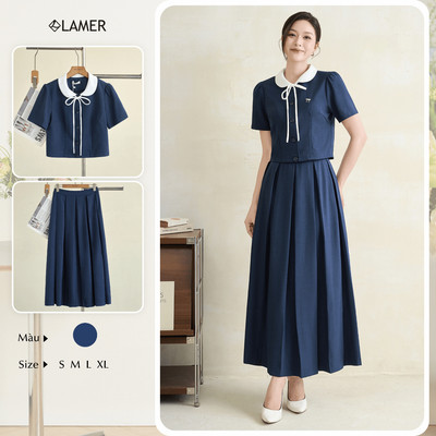 Áo Kiểu Nữ LAMER FASHION Cổ Sen Cộc Tay Đính Dây Nơ Phối Chân Váy Công Sở Dáng Dài Ly Bung O61B26H022 O62L26H005