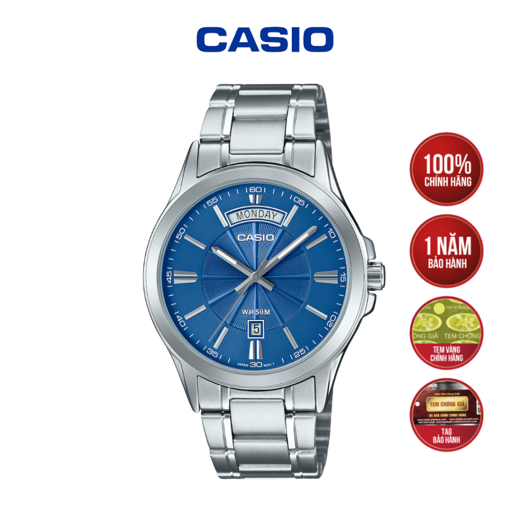 [MÃ MTP-1381D-2AVDF] Đồng Hồ Nam Casio Dây Thép - Mặt Xanh Dương Chải Tia Chống Nước 50