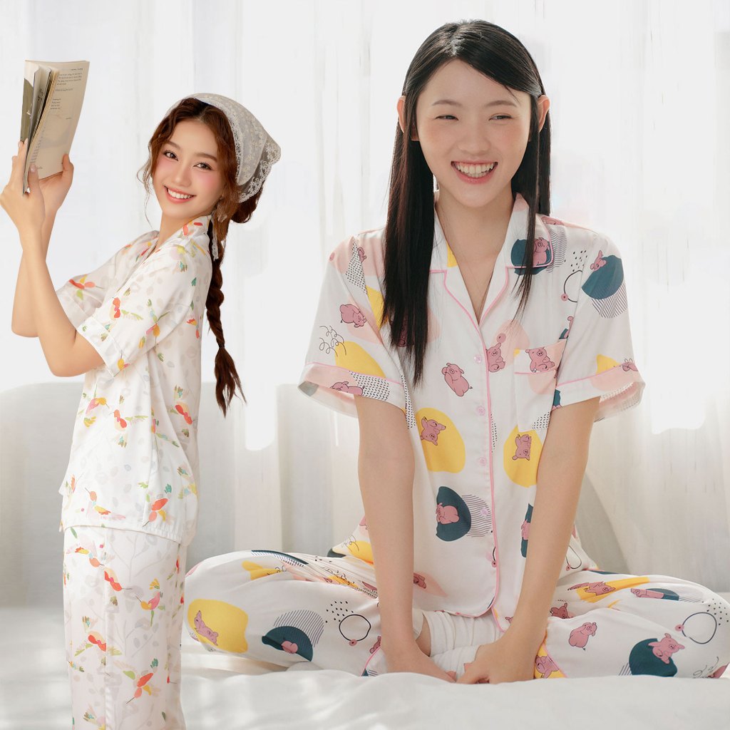 VIBES Pijama dài Piglet Long Py Set chất liệu Lụa latin cao cấp, nhiều họa tiết