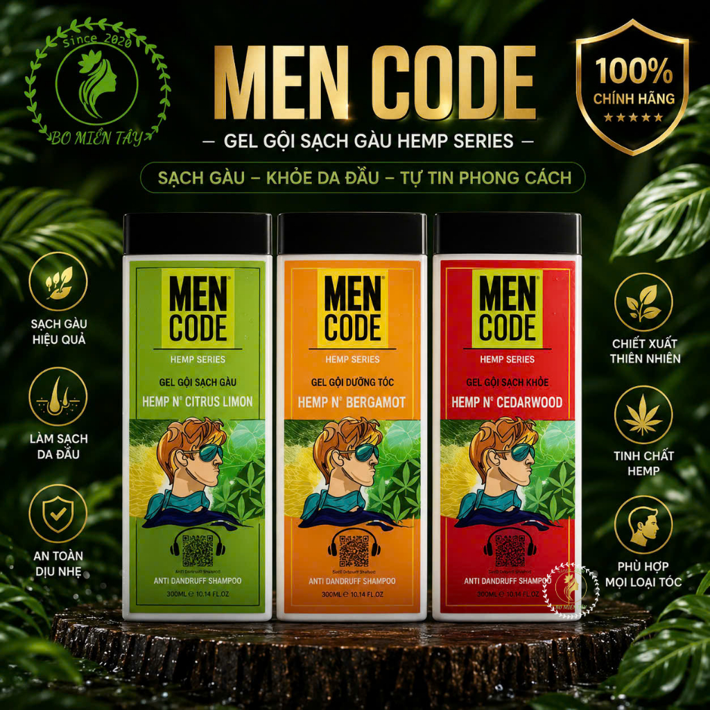 Gel Gội Mencode 350g Cho Nam – Sạch Khỏe, Hương Hemp & Gỗ Tuyết Tùng, Cam Chanh Tươi Mát