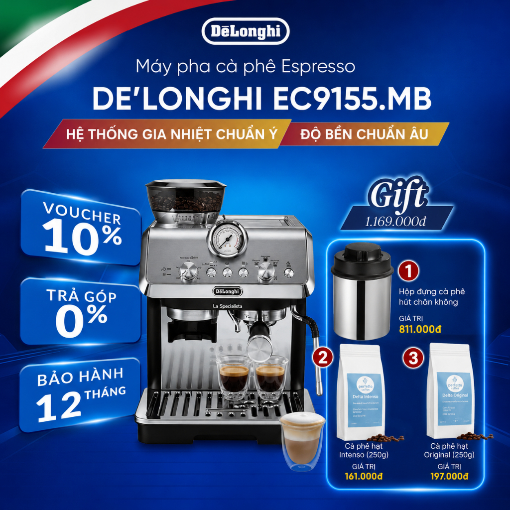 Máy pha cà phê DeLonghi La Specialista Arte EC9155.MB - Kim loại đen, 1700ml, 1400W