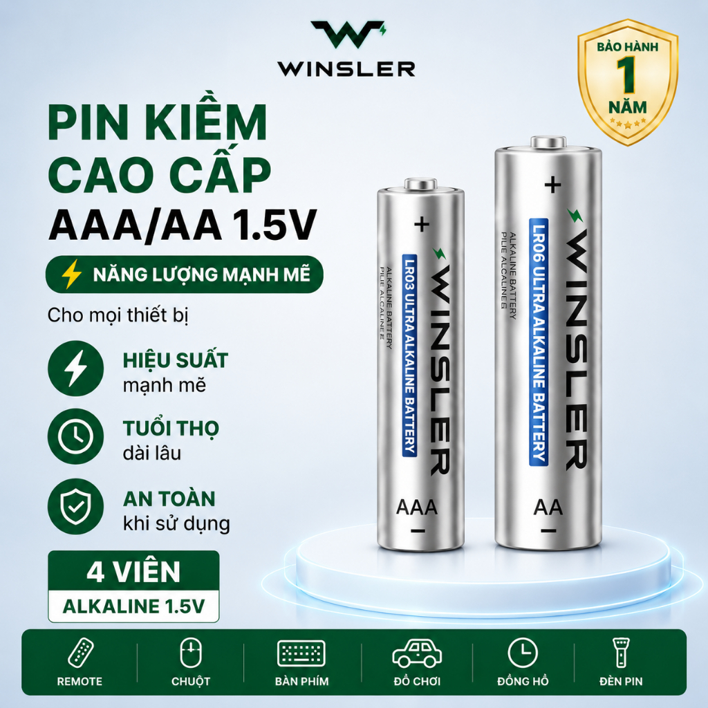 Pin WINSLER AA/AAA 4 viên Alkaline 1.5V, sức mạnh vượt trội, tuổi thọ dài lâu, Pin không sạc lại