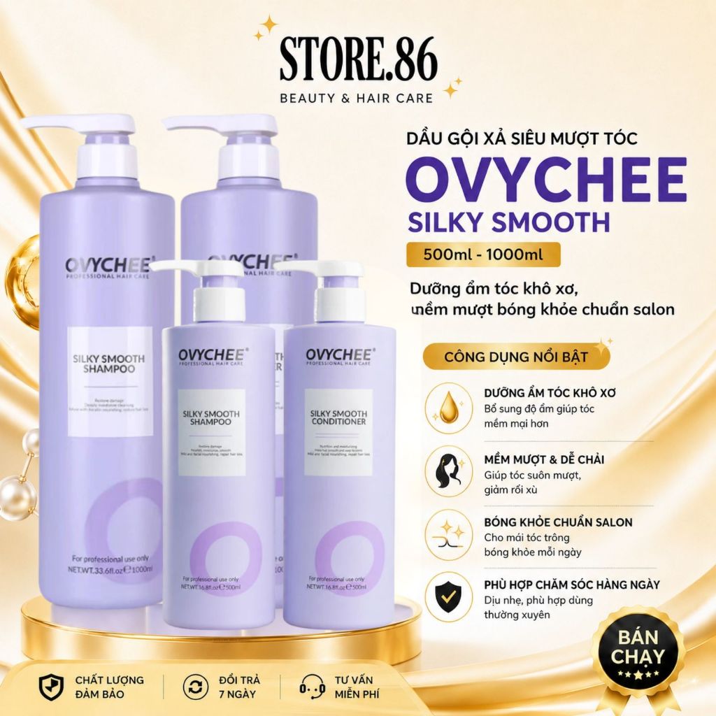Combo Dầu Gội Xả OVYCHEE Silky Smooth 500ml - 1000ml | Dưỡng Ẩm, Mềm Mượt Bóng Khỏe Chuẩn Salon