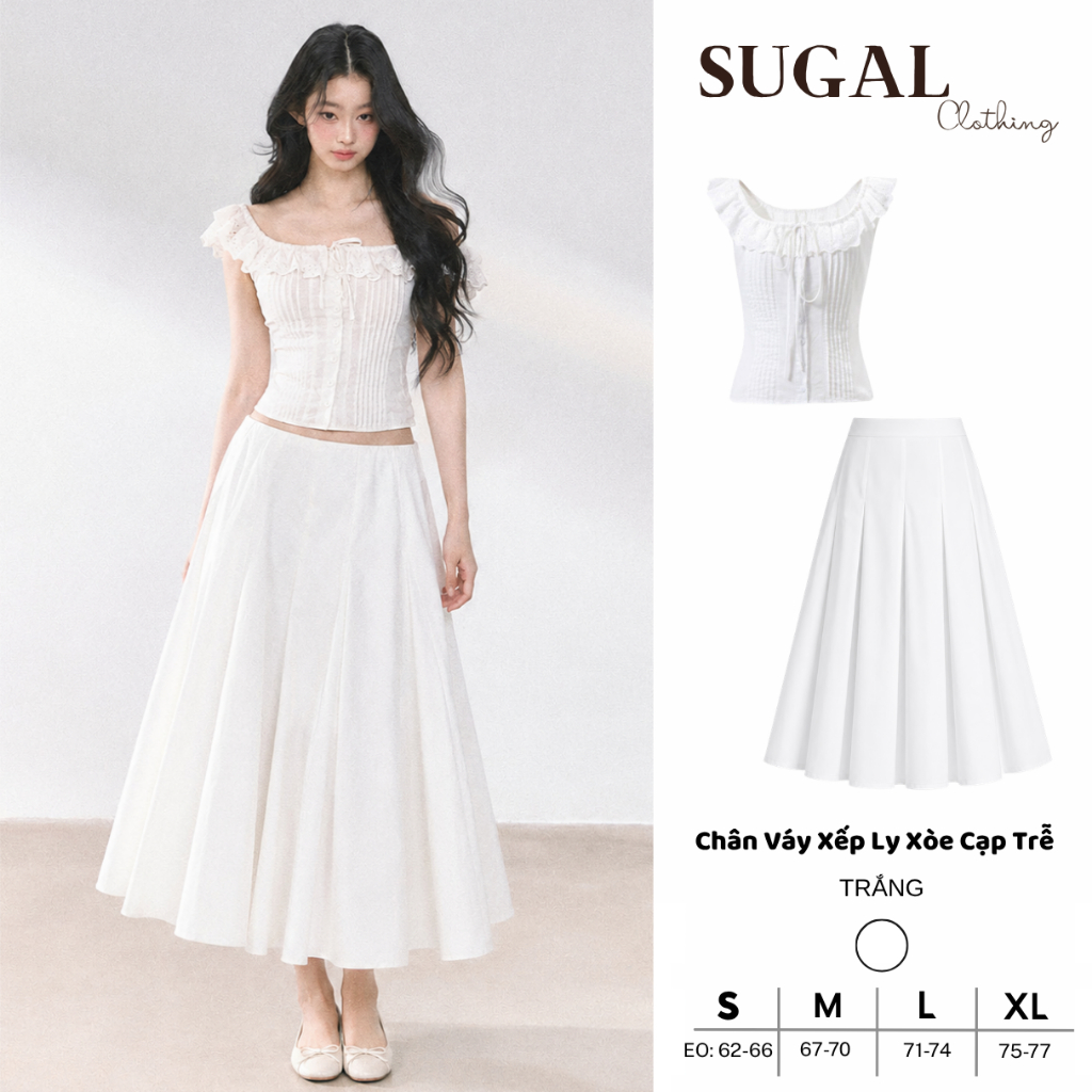 SUGAL - Set Áo Trễ Vai Viền Bèo Phối Chân Váy Midi Dài Xếp Ly Cạp Trễ Tôn Dáng | TOP NU 286 + CV NU 