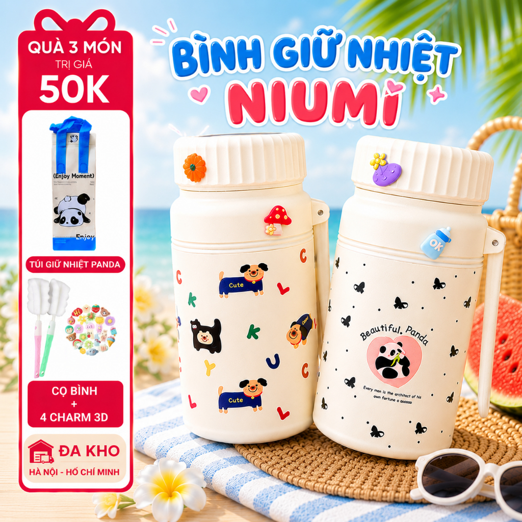 Bình giữ nhiệt NIUMI hoạ tiết dễ thương Fashion Cup 1000ml, inox 316 có lưới lọc trà tiện lợi