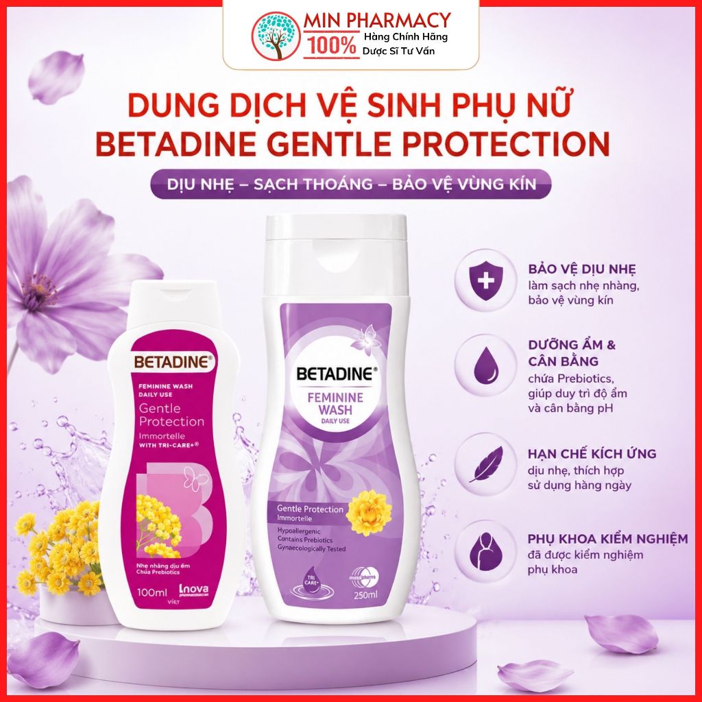 Dung dịch vệ sinh phụ nữ BETADINE Gentle protection màu tím chăm sóc dịu nhẹ Feminine wash - Minphar