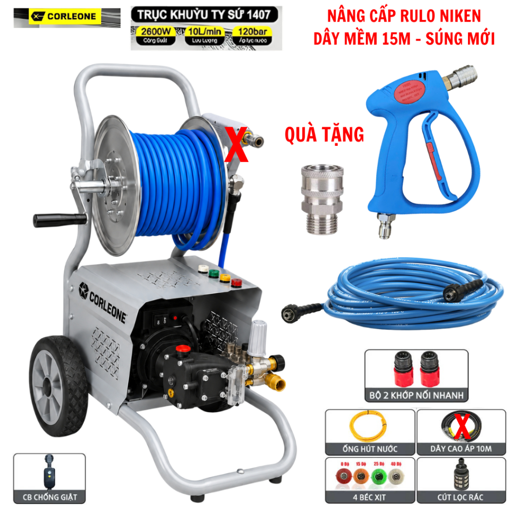 Máy Rửa Xe Cao Áp Chuyên Nghiệp Corleone G500 2600w 120 Bar Lõi Ti Sứ
