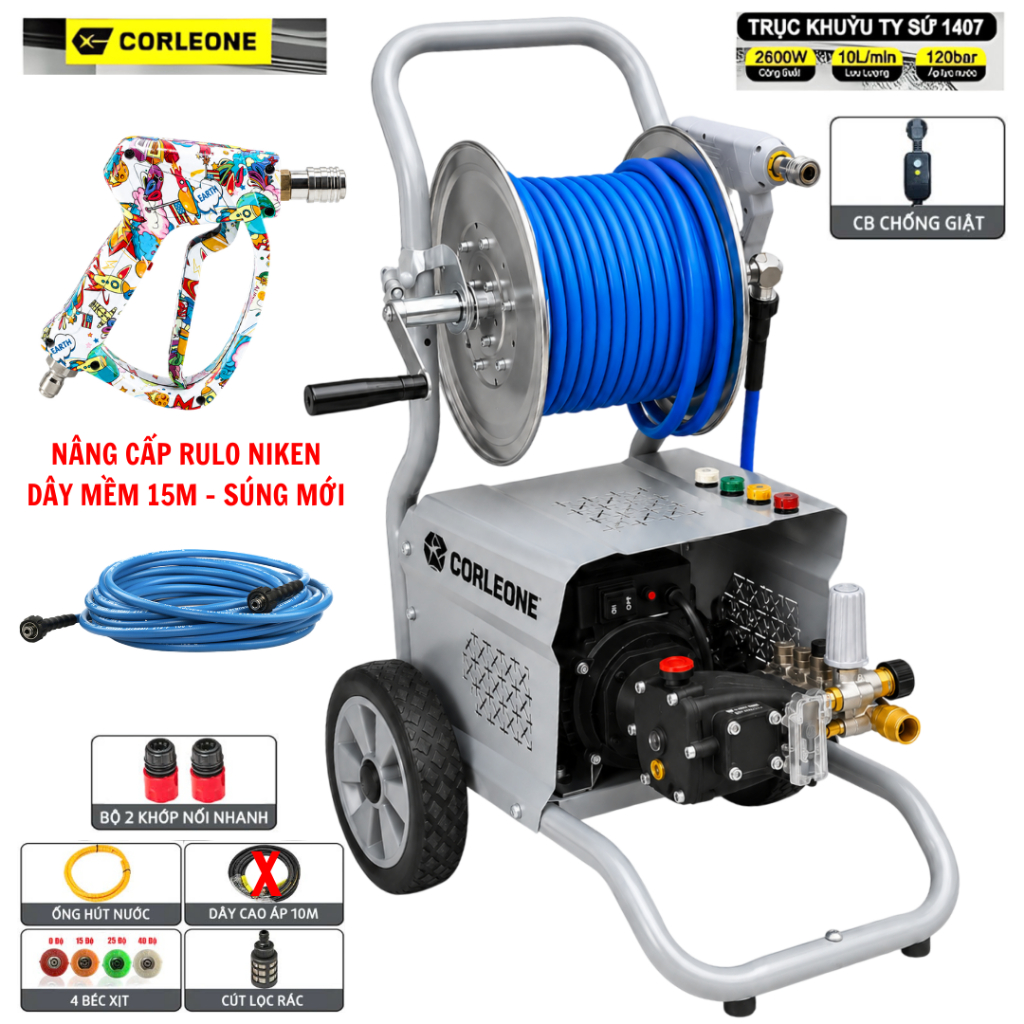 Máy Rửa Xe Cao Áp Chuyên Nghiệp Corleone G500 2600w 120 Bar Lõi Ti Sứ