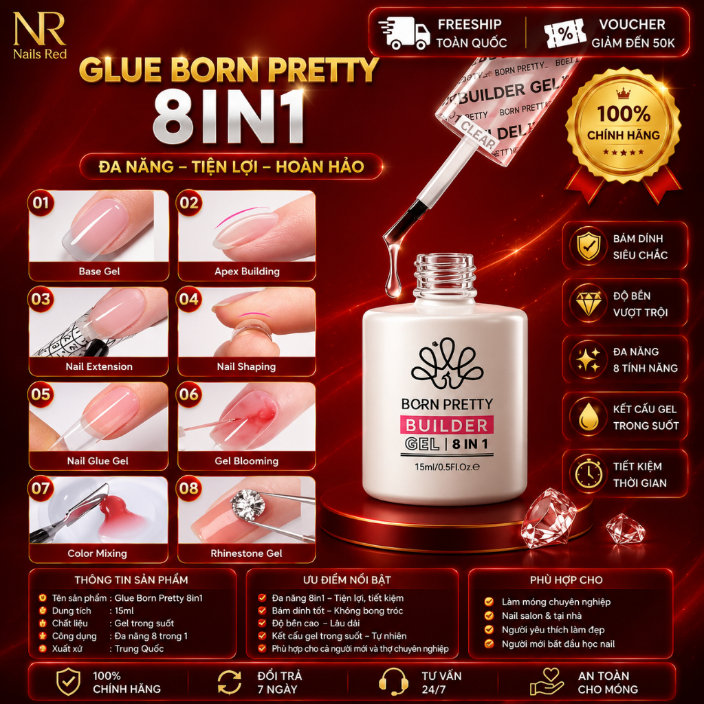 Glue gel 8in1 Born Pretty 15ml, Glue gel cứng móng tạo cầu, làm Dual Form Dán/Úp Cứng Móng, Loang, M