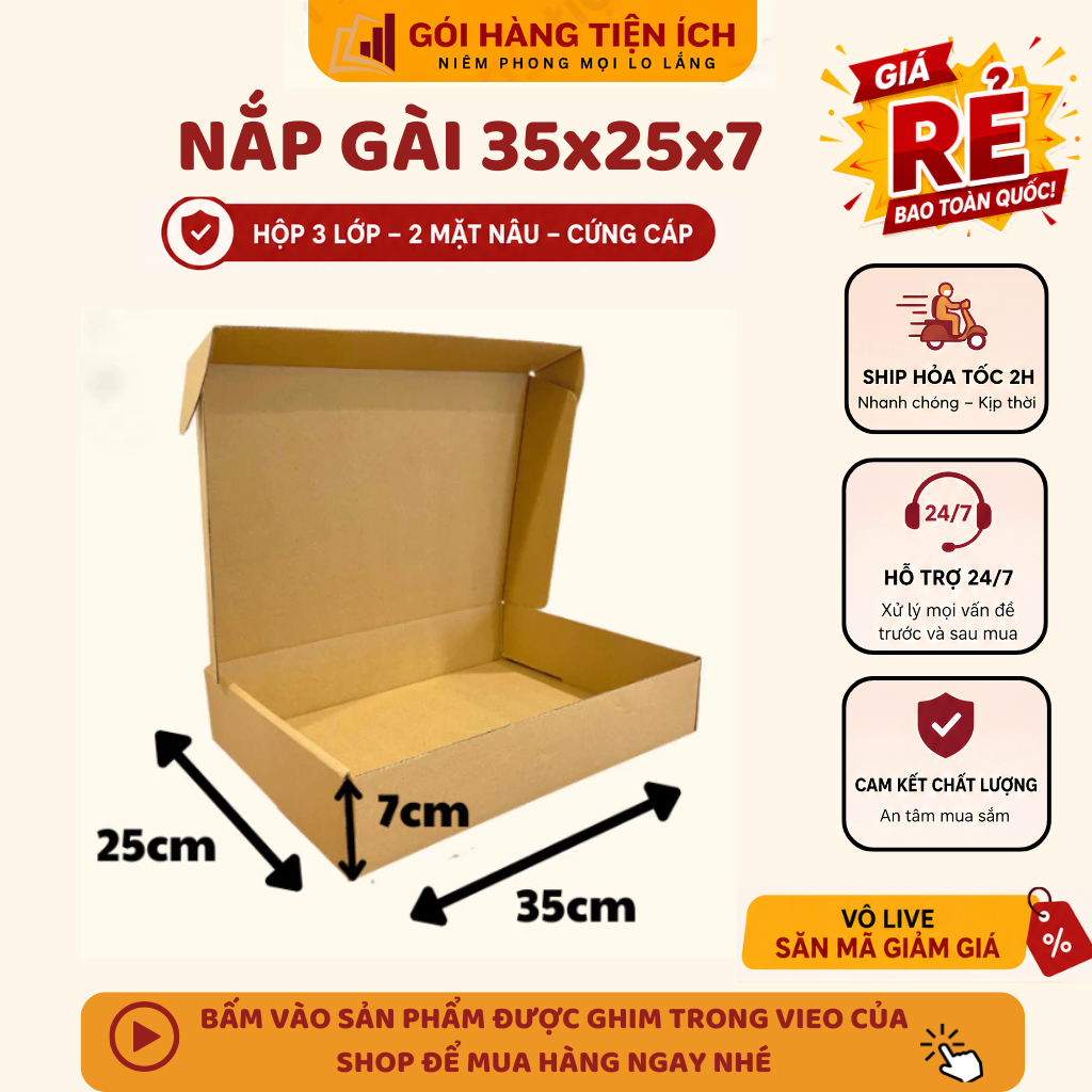 10 hộp carton nắp cài 35x25x7 đóng hàng, gói quà, đựng quần áo giá gốc tận xưởng