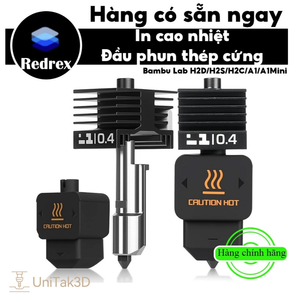 REDREX 2 Cái Đầu In H2D 0.4mm Thép Cứng Cao Nhiệt (300°C) & Cao Lưu Lượng Cho Bambu Lab H2D/H2S/H2C