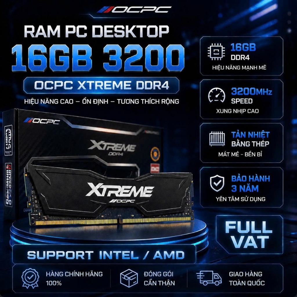 Ram PC desktop 16GB 3200 OCPC tản thép new chính hãng - 16G 3200 DDR4 BH 36T | FULL VAT | AMD INTEL