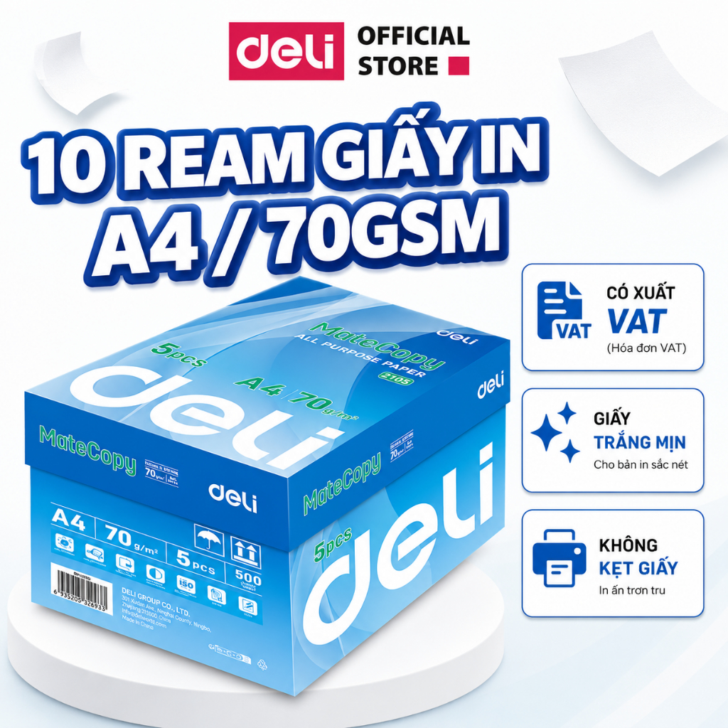 [VOUCHER LIVE 30K]Thùng 10 Ream Giấy A4 Deli Giấy In Photo Copy 70gsm Chính Hãng Loại Dày 500 Tờ/ Re