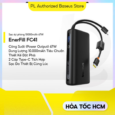 Sạc Dự Phòng Baseus EnerFill FC41 10000mAh 67W Có Sẵn 2 Dây USB-C Màn Hình LED