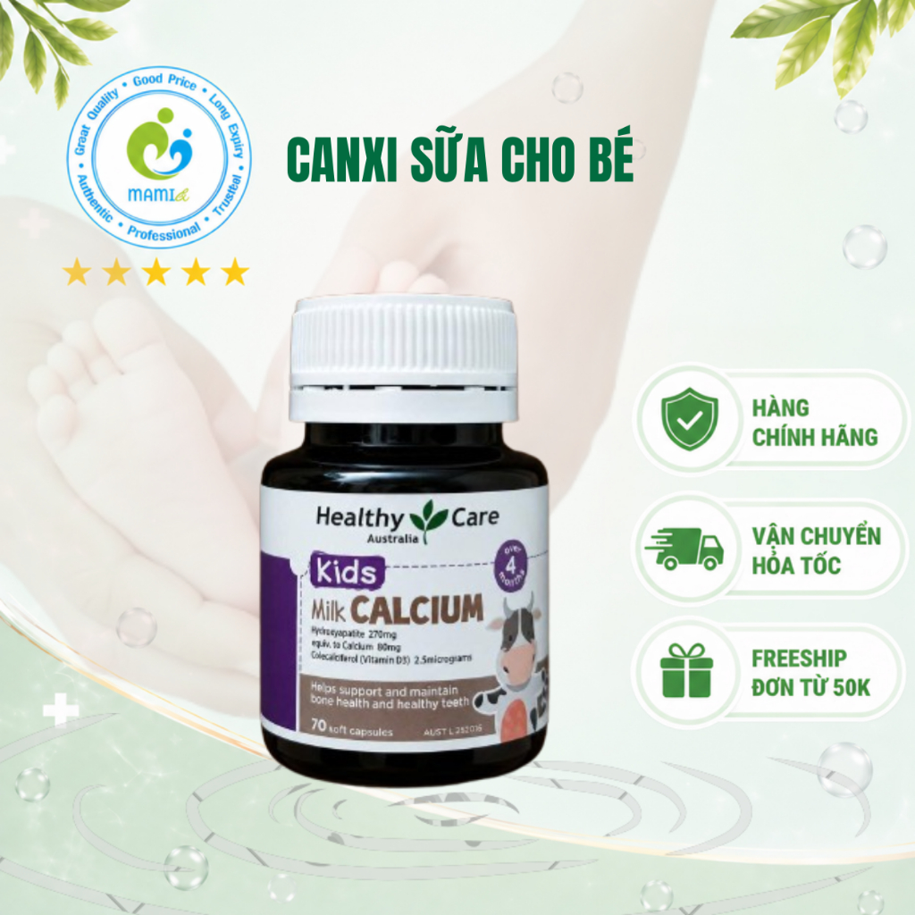 Canxi sữa (60v) bổ sung canxi và vitamin D3 cho bé từ 4 tháng tuổi Healthy Care Milk Calcium, Úc