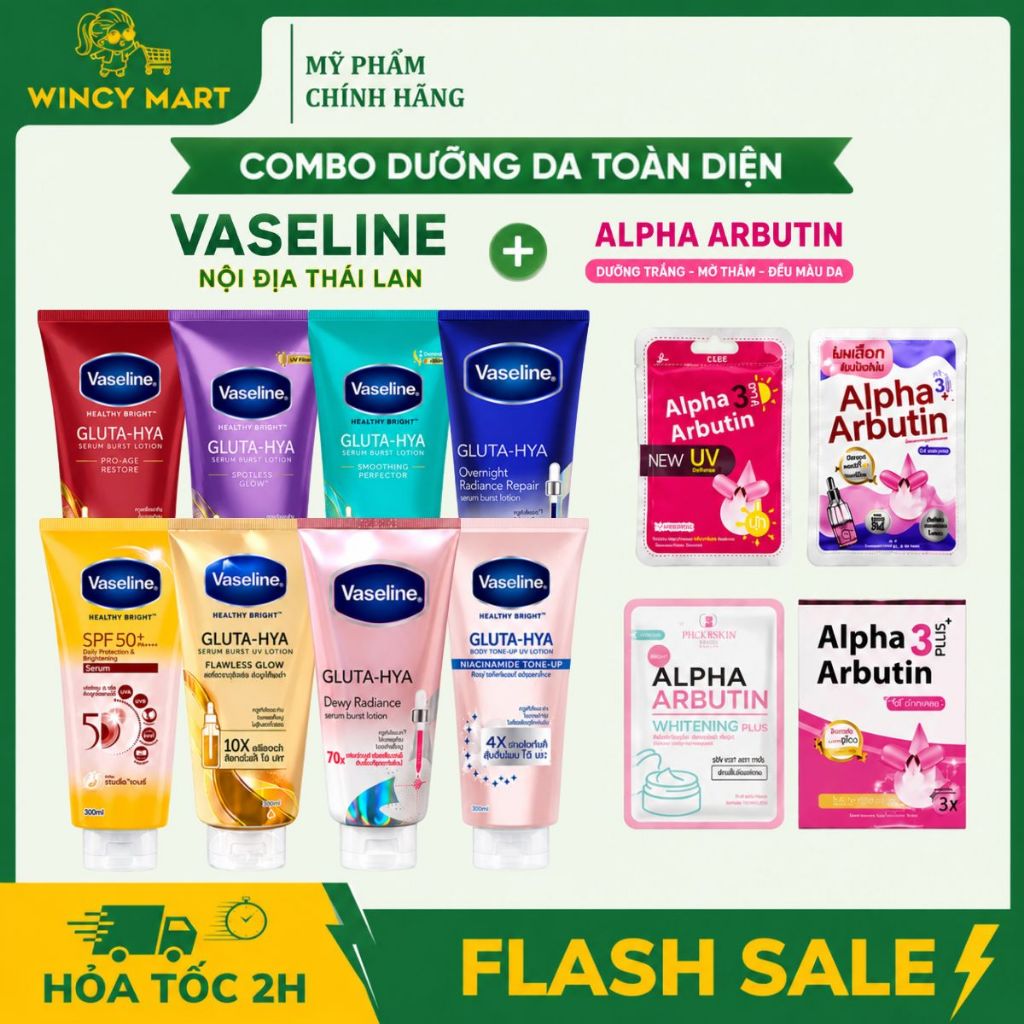COMBO Sữa Dưỡng Thể Vaseline Gluta 10X 50X 70X 4X 300ML + Viên Kích Trắng Alpha Arbutin
