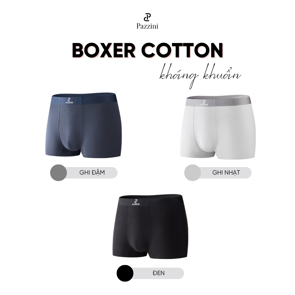 Combo 3 quần lót nam boxer PAZZINI cotton xuất xịn cao cấp, thấm hút kháng khuẩn tốt - BX017