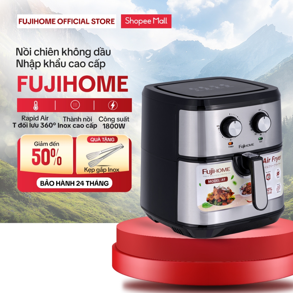Nồi chiên không dầu 9.2L Nhập Khẩu Fujihome tự ngắt, nồi chiên cơ 9 Lít không hơi nước chống dính cao cấp tặng kẹp gắp