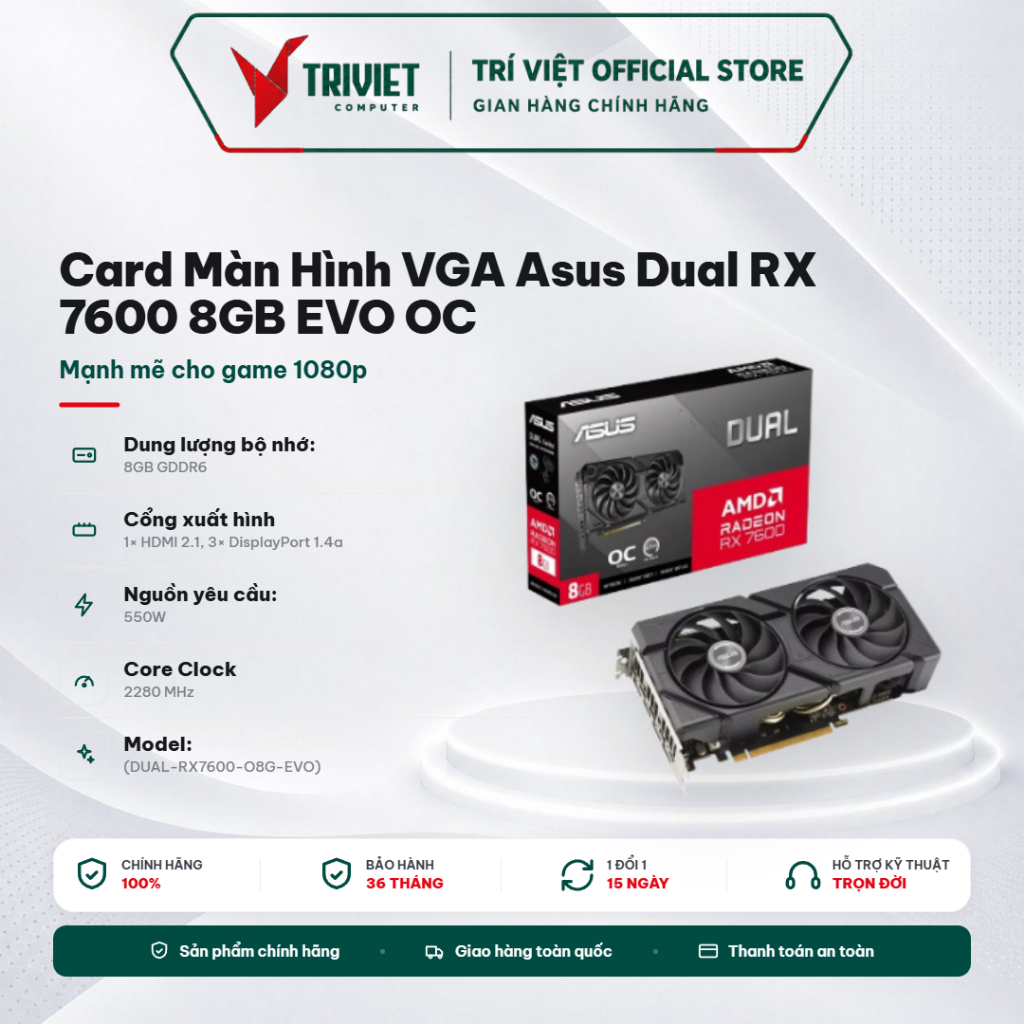 Card Màn Hình VGA Asus Dual RX 7600 8GB EVO OC (DUAL-RX7600-O8G-EVO) - VGA Gaming Hiệu Năng Cao