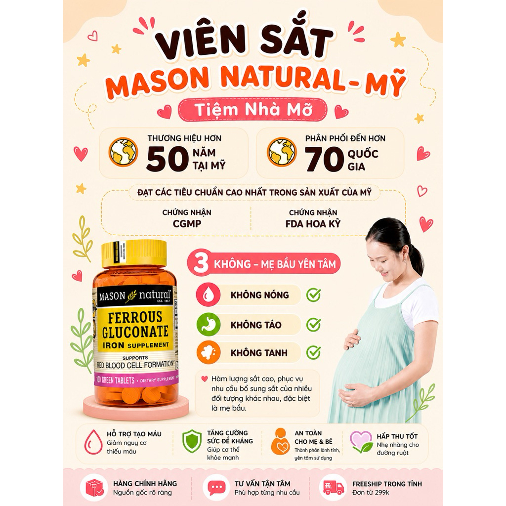 VIÊN SẮT MASON NATURAL FERROUS GLUCONATE – 100 VIÊN