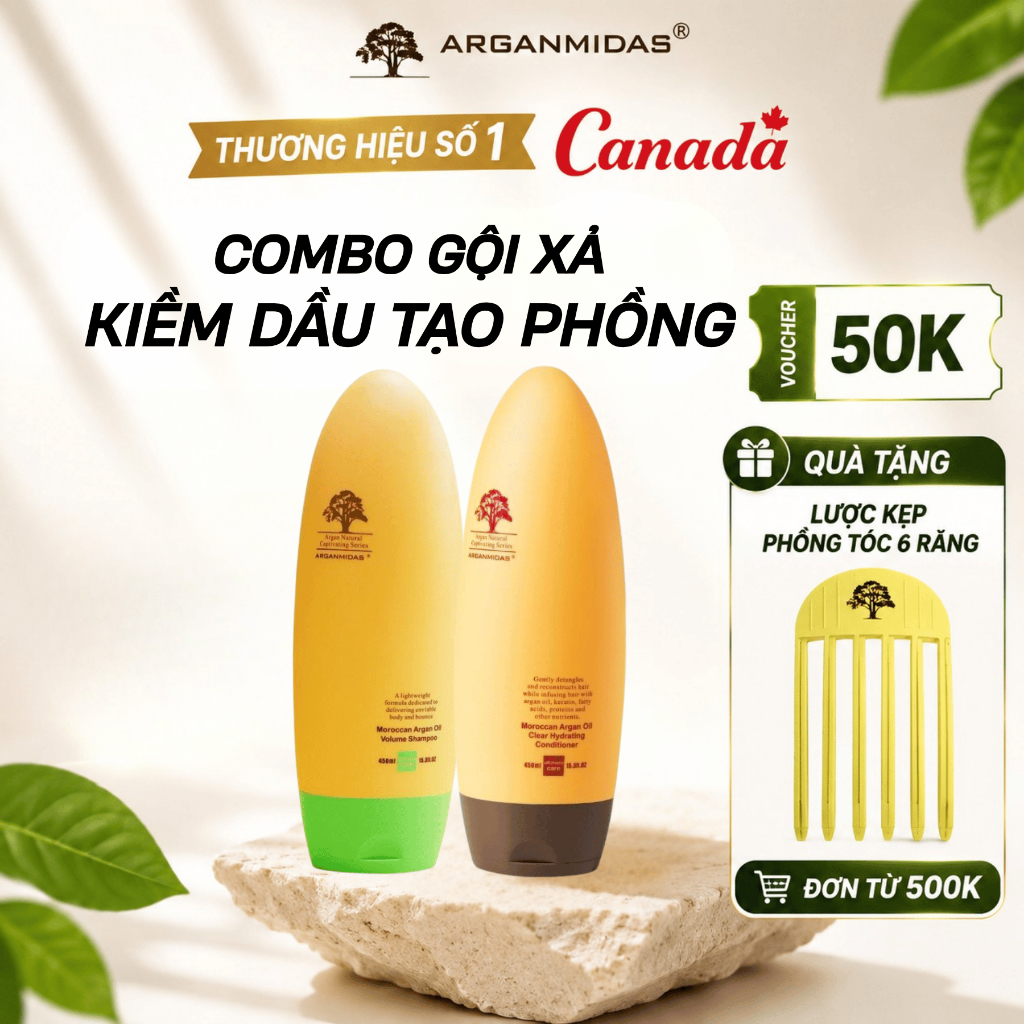 Combo dầu gội xả phồng tóc kiềm dầu Arganmidas, dầu gội kiềm dầu chống bết cho da dầu, tóc bết xẹp - 450ml