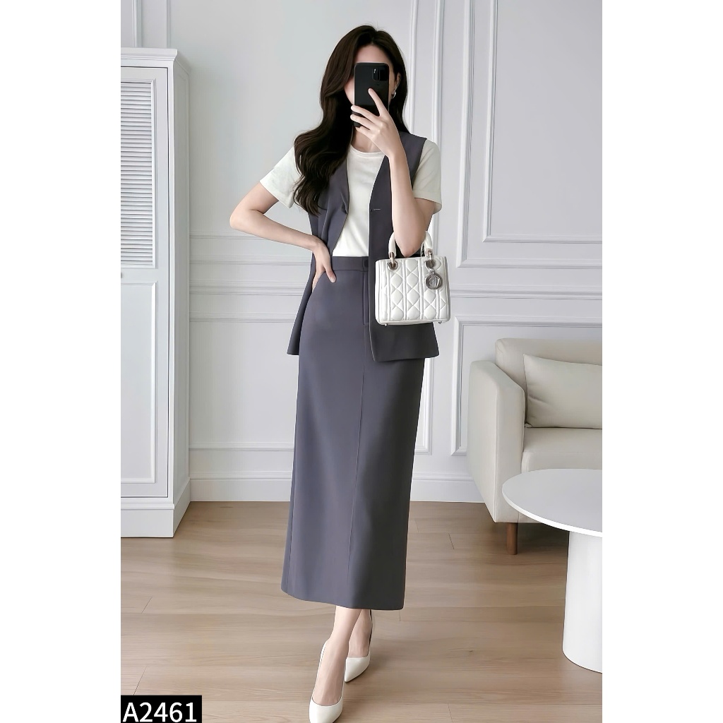 Set vest áo gile phối chân váy xuông trendy A2461