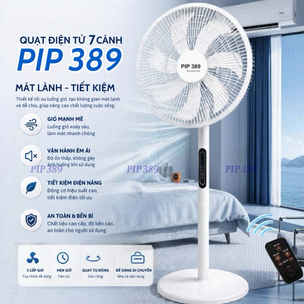 Quạt Cây Đứng Điện Tử 7 Cánh PIP389, Quạt Điện Thông Minh 8 Chế Độ, Điều Khiển Từ Xa, Hẹn Giờ