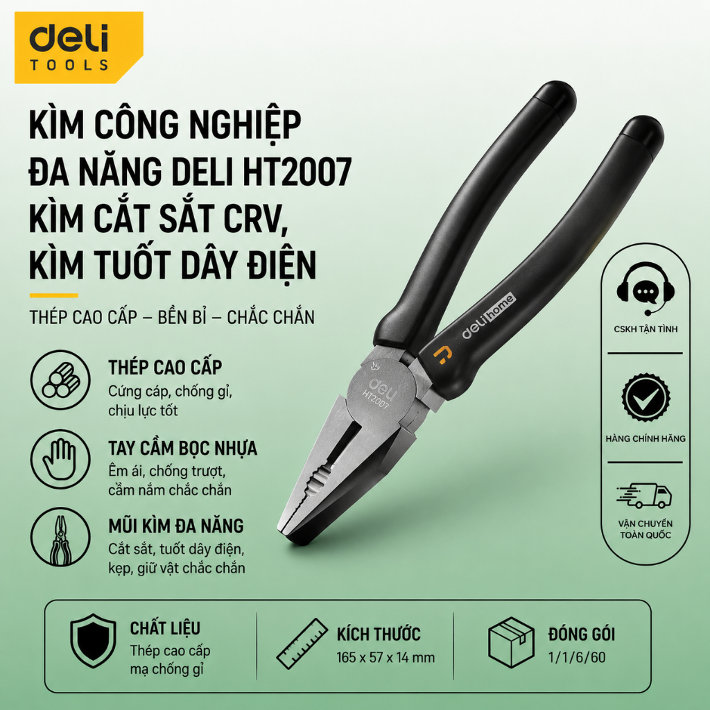 Kìm công nghiệp đa năng DELI HT2007 - kìm cắt sắt CRV, kìm tuốt dây điện