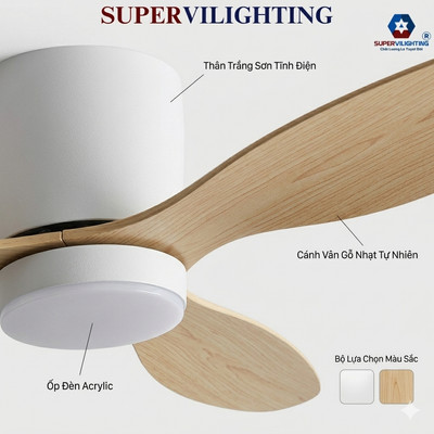 Quạt trần đèn led trang trí nhà cửa chung cư có đèn SuperVilighting decor trần thấp