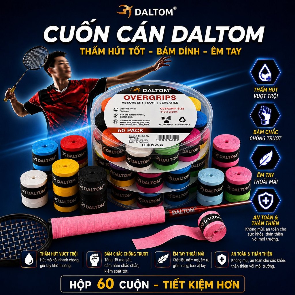 [Hộp 60 cuốn]Cuốn Cán Vợt DALTOM Chính Hãng Quấn Cán Cầu Lông, Tennis,Pickleball Chống Trơn