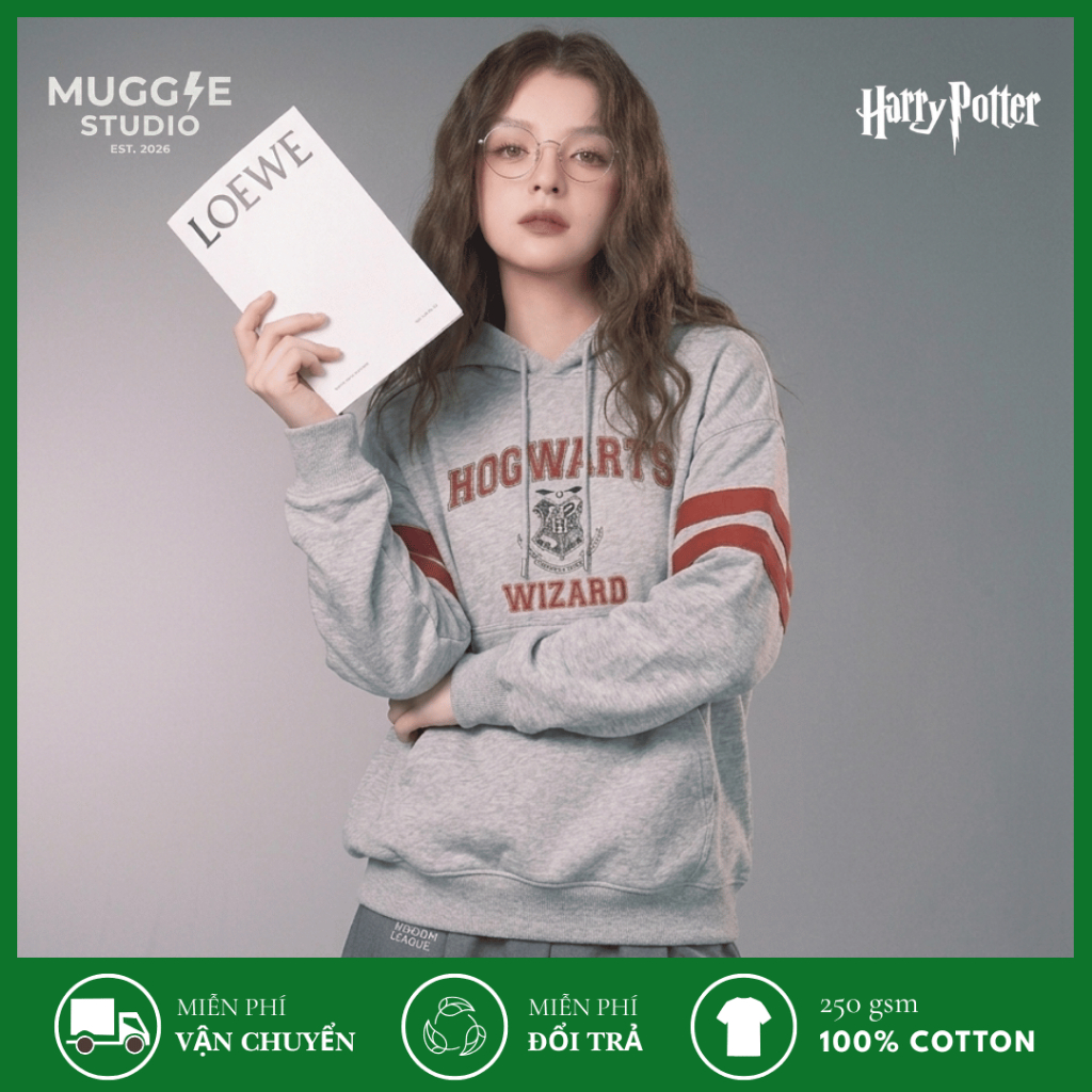 MUGGLE Áo Hoodie Boxy Hogwarts Unisex Form Rộng In Nhiệt 100% Cotton 350GSM Màu Xám Tiêu Đậm