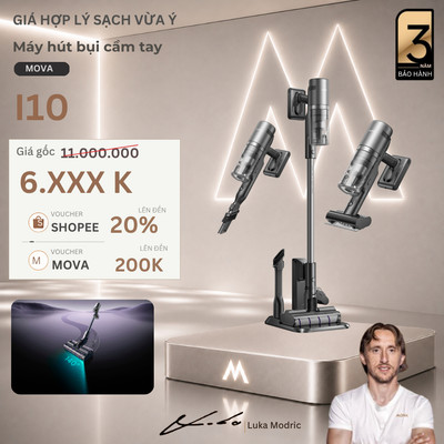 Máy Hút Bụi Cầm Tay Không Dây Mova I10 Công Suất Hút 120AW, Lực Hút 20.000Pa, Con Lăn Kép FreeGlide™ | BH 36 Tháng
