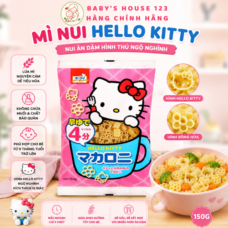 Mì Nui Hello Kitty Nội Địa Nhật Cho Bé Ăn Dặm Từ 7 Tháng - Gói 120gr