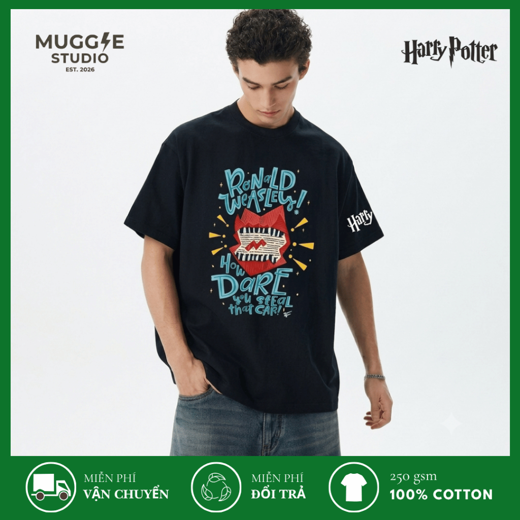 MUGGLE Áo Thun Oversize Thư Sấm Sét Howler Ronald Weasley In Nhiệt 100% Cotton 250GSM Unisex