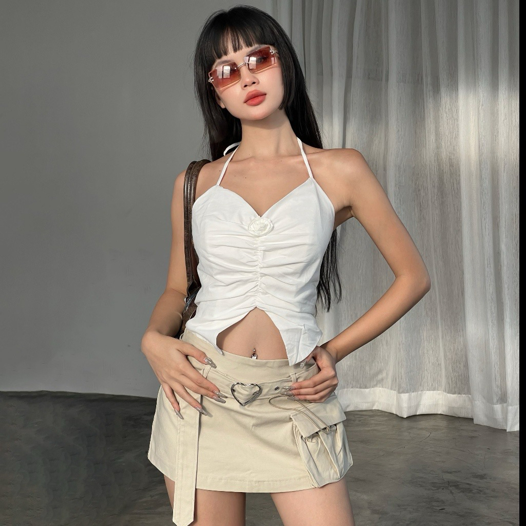 thanh lý áo cara club yếm nữ Melia  màu trắng new 95% và hồng new 99% size s 40-47kg eo 60-67cm 40-4