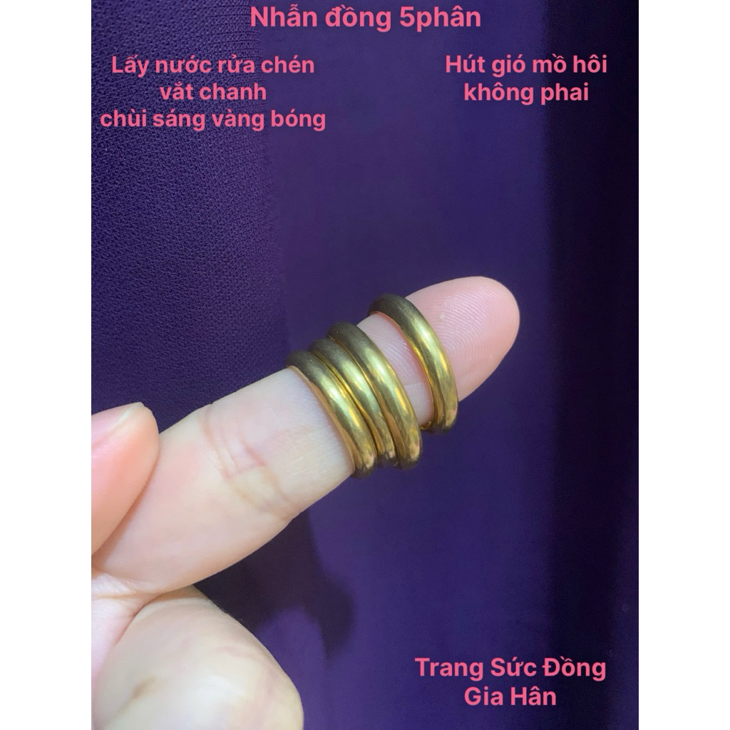 nhẫn ĐỒNG VÀNG 5phân 1chỉ 2chỉ 3chỉ 5chỉ 1luợng. hút gió mồ hôi không phai. chùi chanh +nước rửa ché