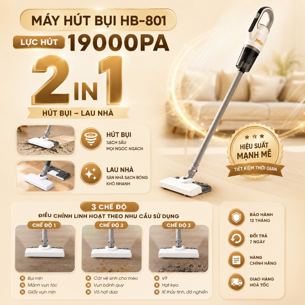 Máy Hút Bụi Lau Sàn Không Dây Chính Hãng Mi-Ohome- 3 Chế Độ | Lực Hút 19.000 PA | Màn Hiển Thi Led
