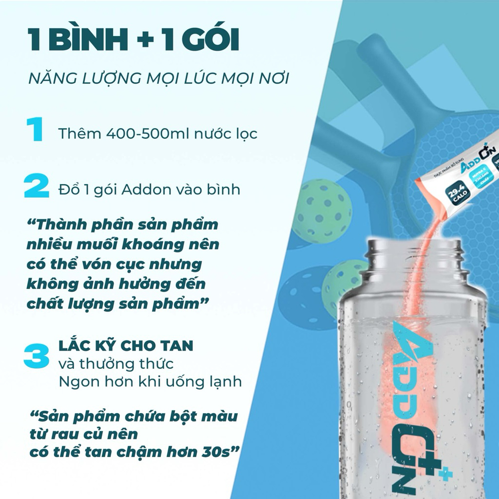 ADDON 29Calo túi 15 gói vị Đào nước uống điện giải thể thao bù điện giải bù nước bổ sung muối khoáng