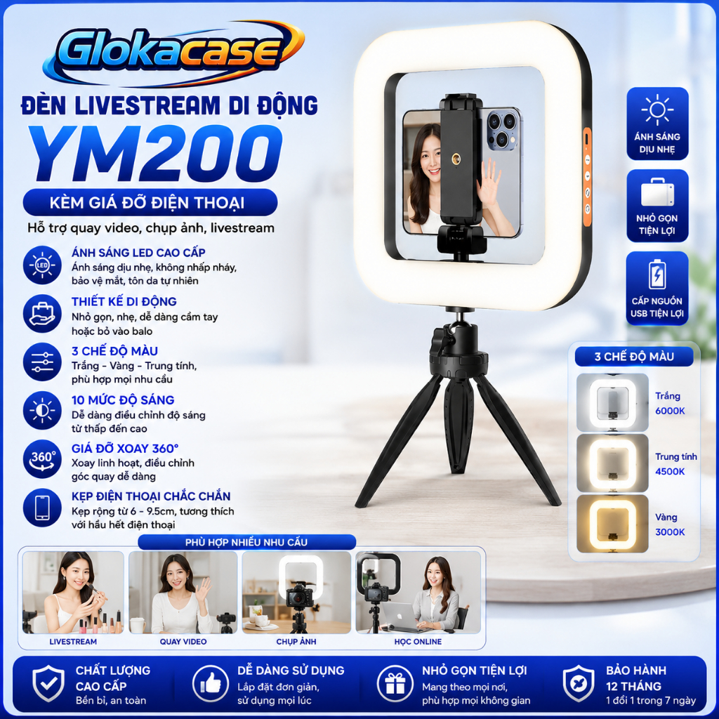 Đèn livetream di động YM200 kèm giá đỡ điện thoại hỗ trợ quay video, chụp ảnh, livetream